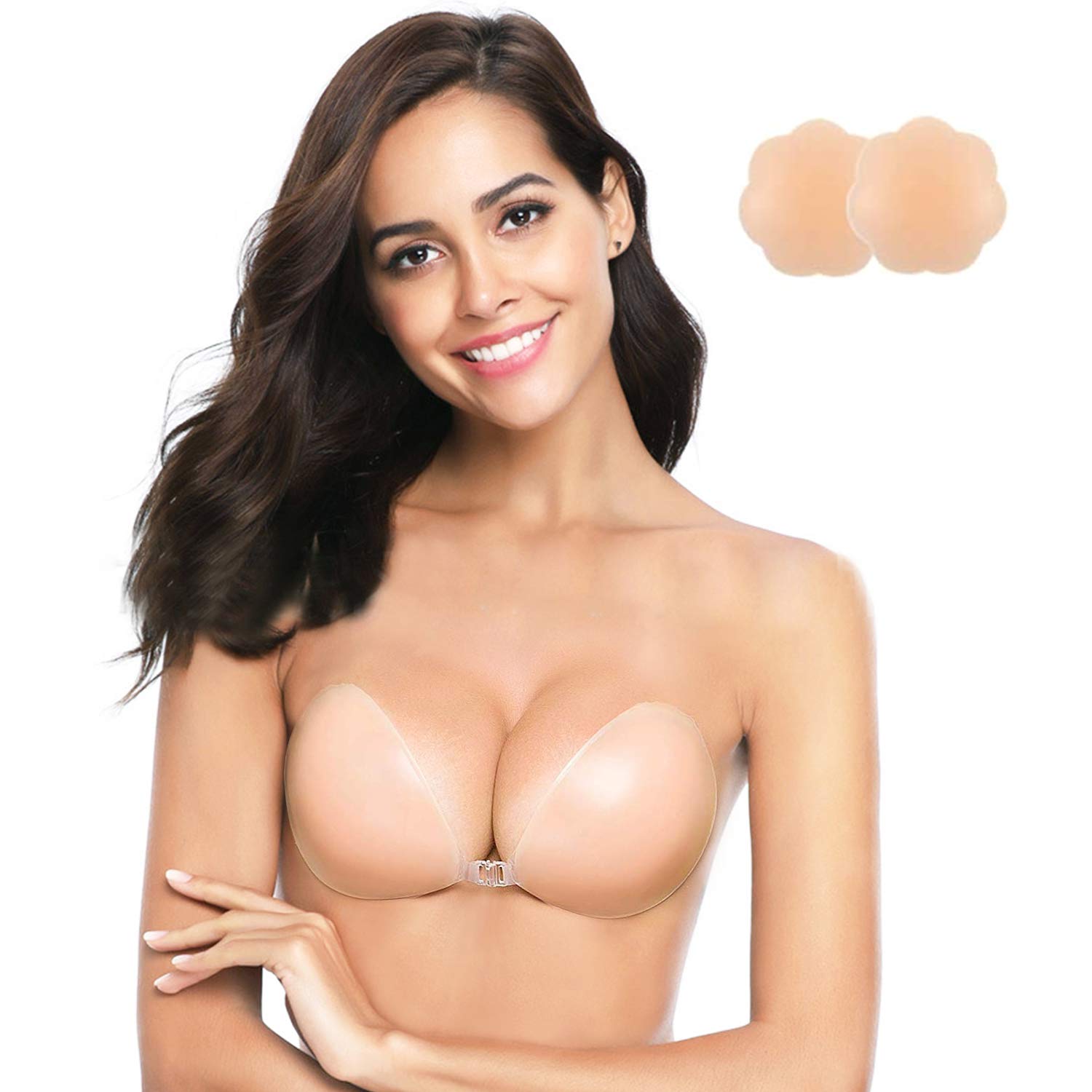 QueenSecret Adhesive Bra, Push up Strapless Self Adhesive Bra, Invisible Silicone Bra Sticky Bra for Strapless Backless Dress